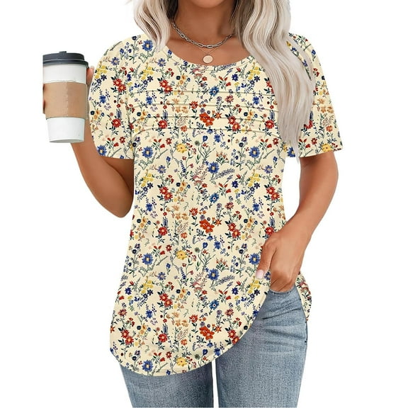 Cagogo Summer Tops Short Sleeve Pleated Scoop Neck Blouses for Womens Under $5 Loose Fit Vintage Floral Print Tunics Cute Black Tee Shirts Mother Day Gifts