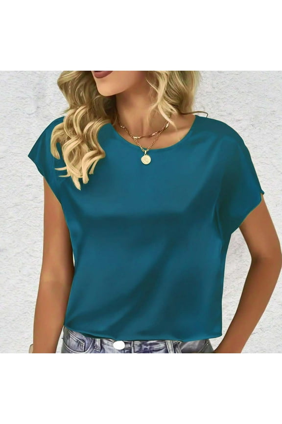 Summer Tops Tshirt for Women Under $5 Loose Fitting Short Sleeve Tshirts Satin Silk Round Neck Cute Spring Tshirts Shirts Mother's Day Gifts