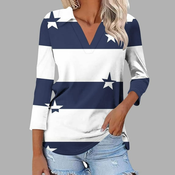 Cagogo Summer Tops Tshirts for Womens Under $5 Loose Fitting 3/4 Sleeves V Neck Collared Tunic Tops for Leggings Color Block Holiday Beach Tshirt Outfits