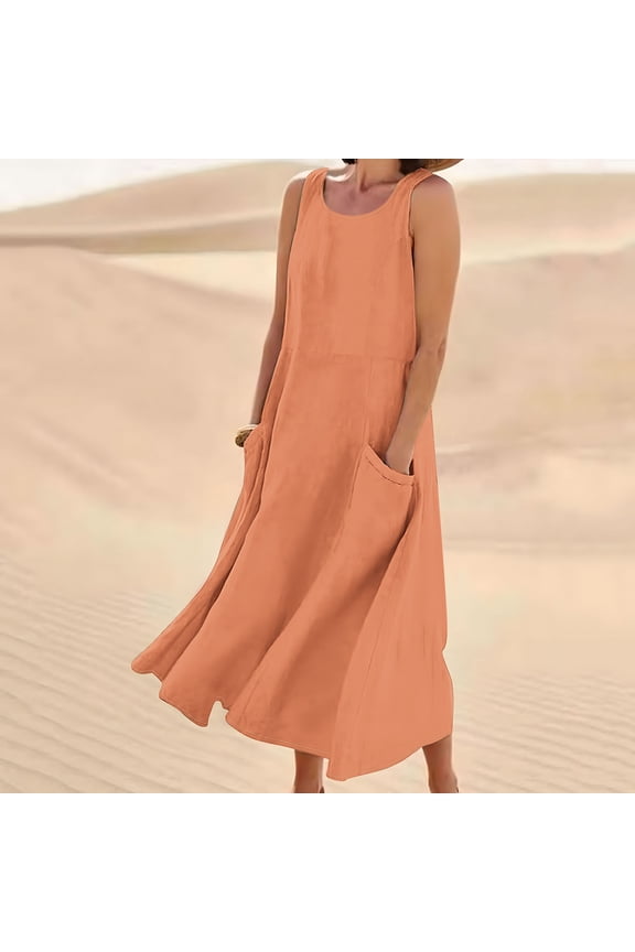 Women Casual 2025 Sleeveless Beach Party Dress Summer Spring Crew Neck Pockets Baggy Flowy Cotton Linen Long Maxi Sun Dresses Going Out White Formal Dresses