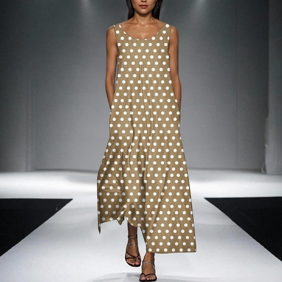 Cagogo Women Casual Loose Polka Dots Flowy Swing Maxi Long Aline Sundress Under $10 Summer Sleeveless Party Dresses Round Neck Elegant Black Formal Dresses