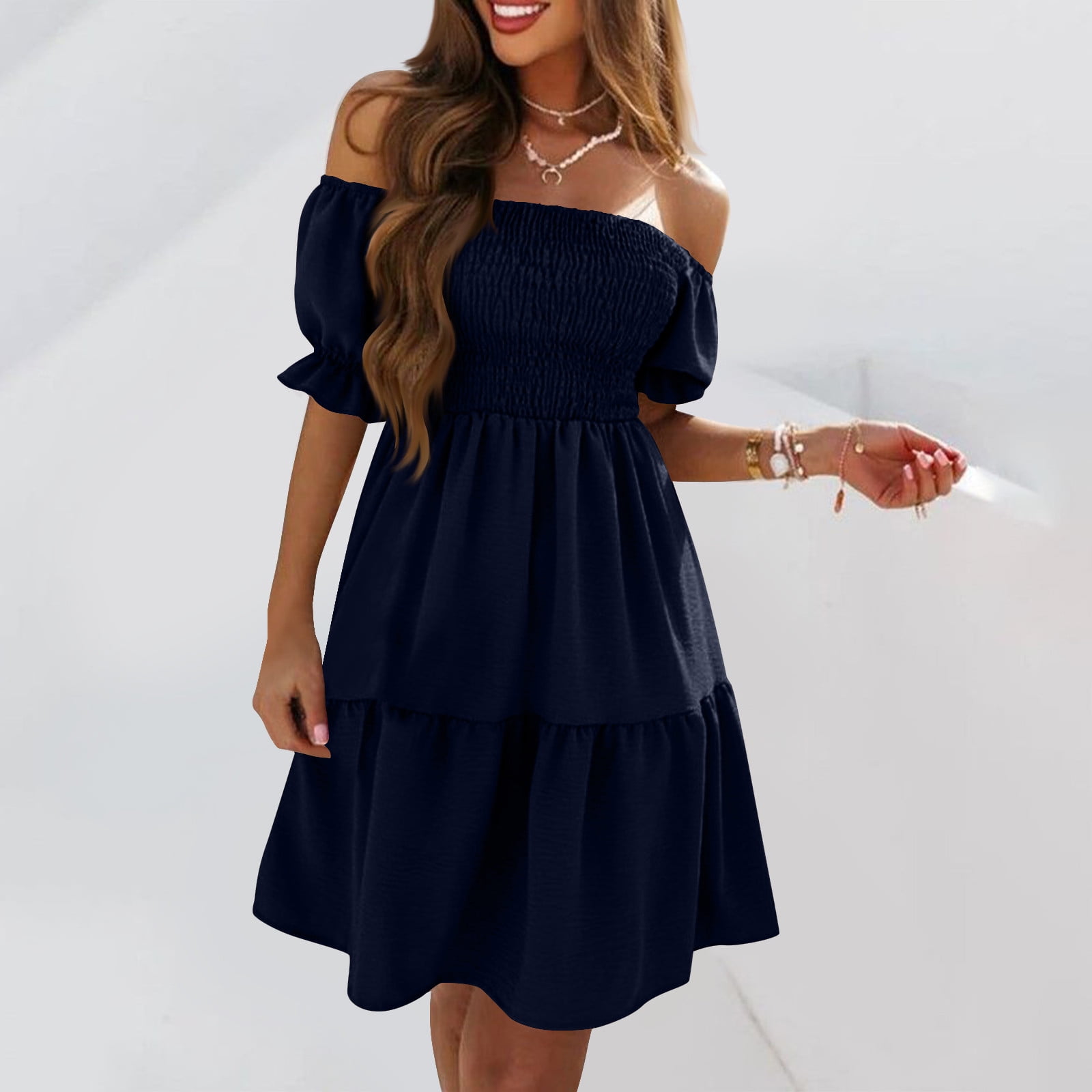 Summer Savings Deals Cagogo Women Casual Loose Smocked Tiered A Line Off Shoulder Short Mini Sundresses Summer Puff Sleeve Graduation Dresses Square Neck Going Out White Work Dresses