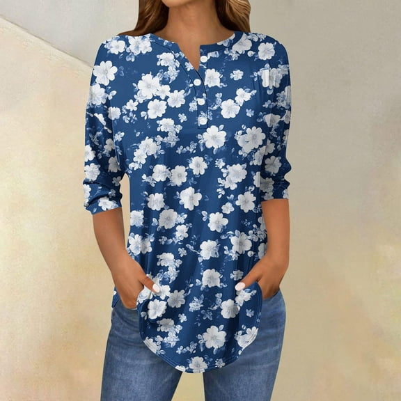 Cagogo Women Casual Shirts Summer Basic Tops Under $5 3/4 Length Sleeve Button-up V Neck Henley Floral Print T Shirts Going Out White Tee Blouse Birthday Gift