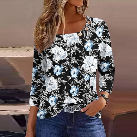 Cagogo Women Plus Size Asymmetrical Neck Button T Shirts Under $5 Summer Spring Tops 3/4 Sleeves Vintage Floral T Shirt Going Out Tshirts Shirts