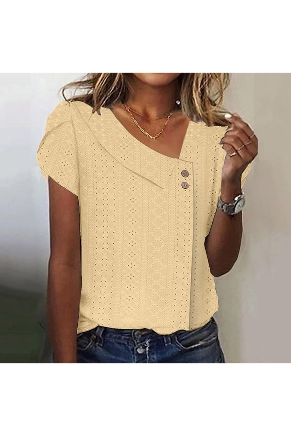 Women Short Sleeve Tunic Tops Summer Tops Under $5 Casual Eyelet Embroidery Button Tshirts Asymmetrical Neck Spring T-Shirts Mother's Day Gifts