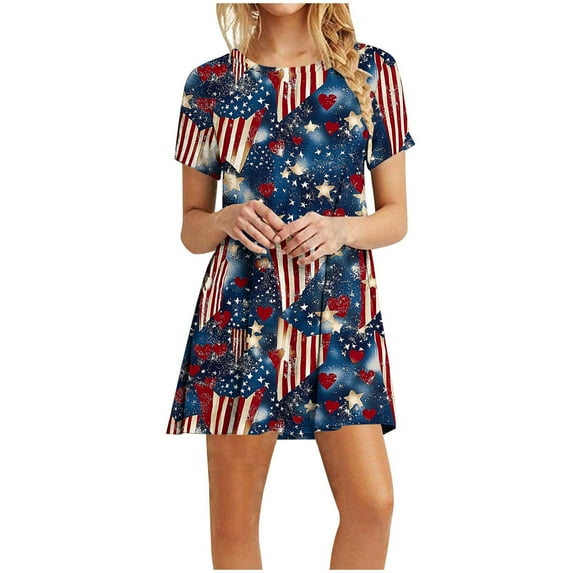 Cagogo Women Summer 4th of July Patriotic Sun Dresses Plus Size American Flag Short Sleeve Wedding Guest Dresses Red White and Blue Elegant Black Vestidos Casuales Para Mujer