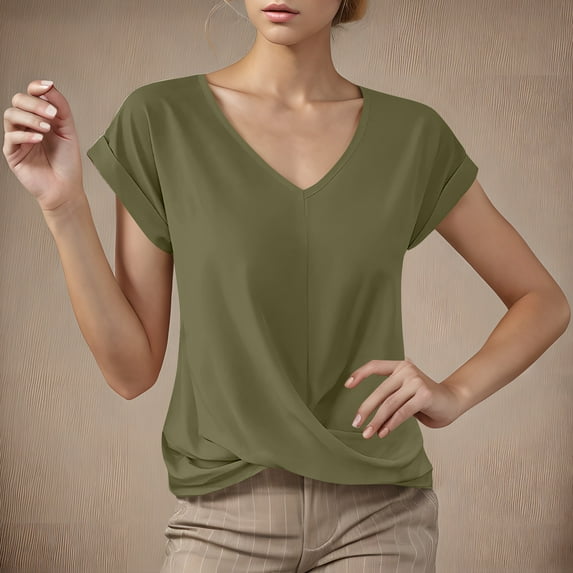 Cagogo Women's Loose Fit Front Twist Knot Tshirt Under $5 Summer Tops Short Sleeve V Neck Tshirts Shirts Going Out Green Tunics Outfits Mothers Day Gift