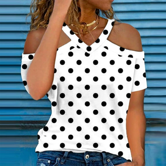 Cagogo Womens Loose Fit Sexy V Neck Tunic Tops Under $5 Summer Cold Shoulder Short Sleeve Polka Dots Tshirt Business Work Shirt Clothes Mother's Day Gifts