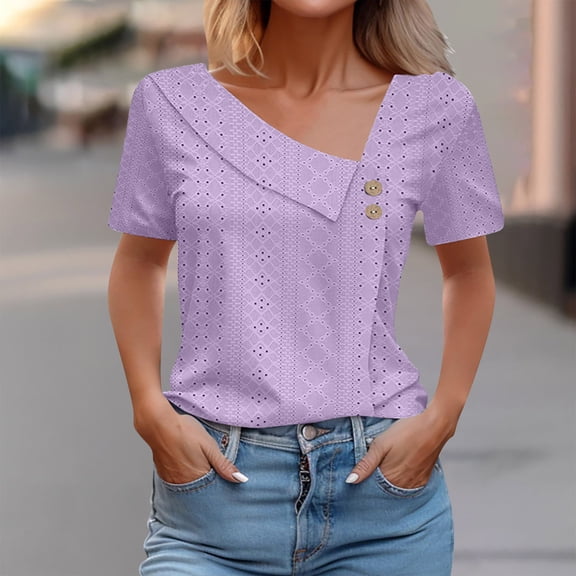 Cagogo Womens Short Sleeve T Shirts Summer Tops Under $5 Casual Eyelet Embroidery Button Tunics Asymmetrical Neck Spring T Shirt Graduation Gifts for Her