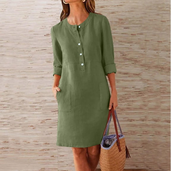 Cagogo Womens Summer Knee Length Sundresses Under $5 Casual 3/4 Sleeve Cotton Linen Button Down Crew Neck Beach Dresses Flowy Tunic Going Out White Western Dress
