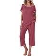 thumbnail image 1 of Summer Savings Deals UPPADA Womens 2 Piece Outfits for Summer Lounge Sets V-Neck Short Sleeve Shirts Pleated Tops Straight Capri Pants With Pockets Womens 2 Piece, 1 of 6
