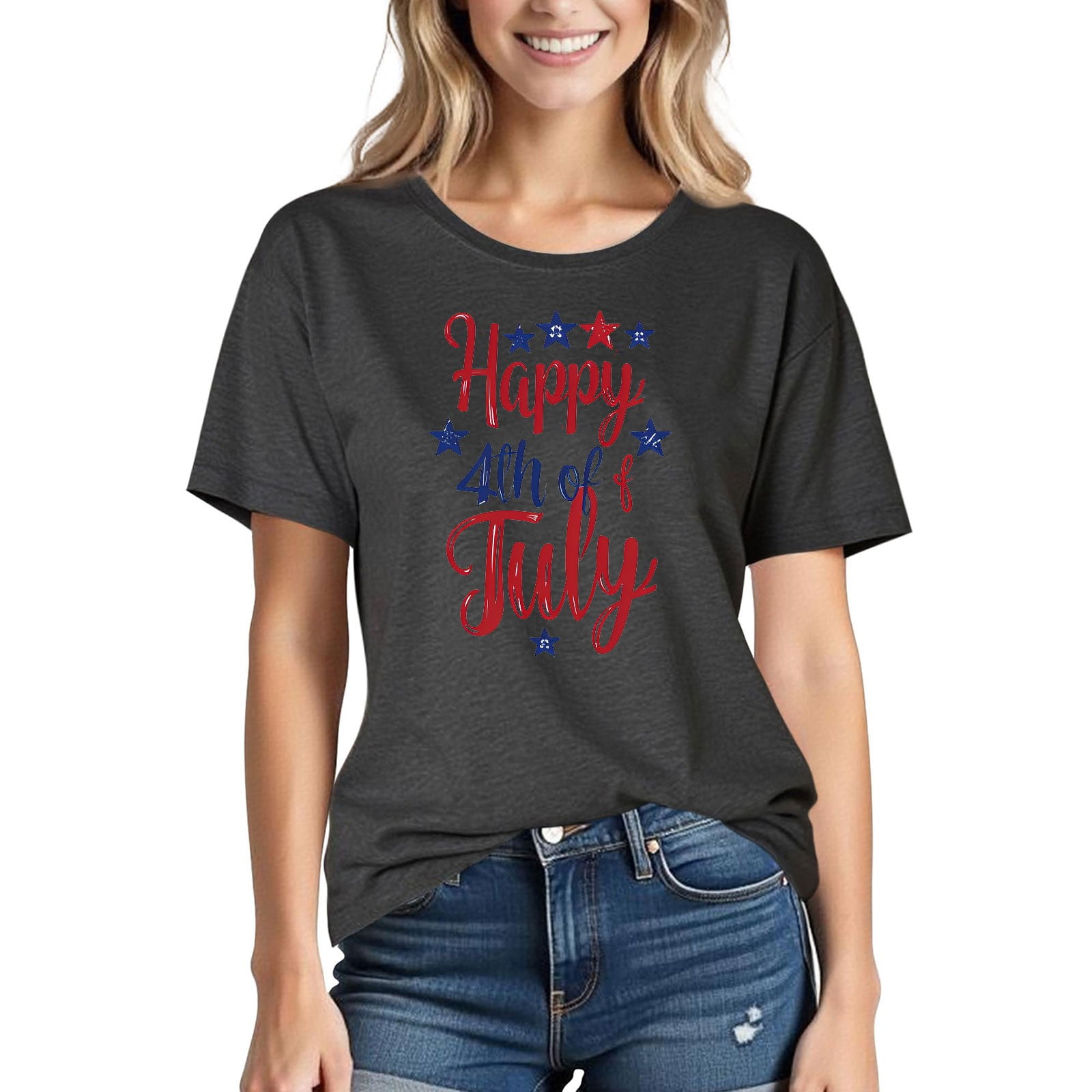 Women's American Flag T-Shirt - 4th Of July Patriotic Tee, Short Sleeve Crewneck, Black, Medium - View #14