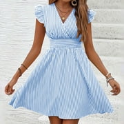 Summer Xqxayjr Ladies Petite Dresses Summer Spring Under $10 Plus Size Striped V Neck Ruffle Sleeveless Aline Swing Flowy Short Mini Dress Cute White Church Dress