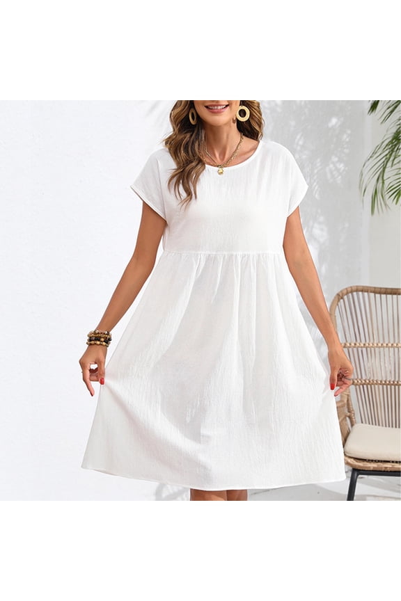 Summer Xqxayjr Ladies Petite Dresses Summer Spring Under $5 Plus Size Crewneck Short Sleeve Linen Cotton Tshirt Knee Length Midi Flowy Dress Elegant Black Formal Dresses