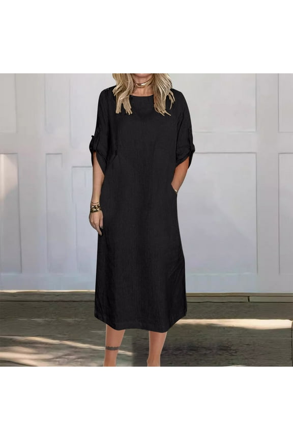 Summer Xqxayjr Ladies Wedding Guest Dresses Summer Casual Loose Round Neck 3/4 Rolled-Up Sleeve Vintage Cotton Linen T-Shirt Tunic Midi Dresses Cute Spring Western Dress