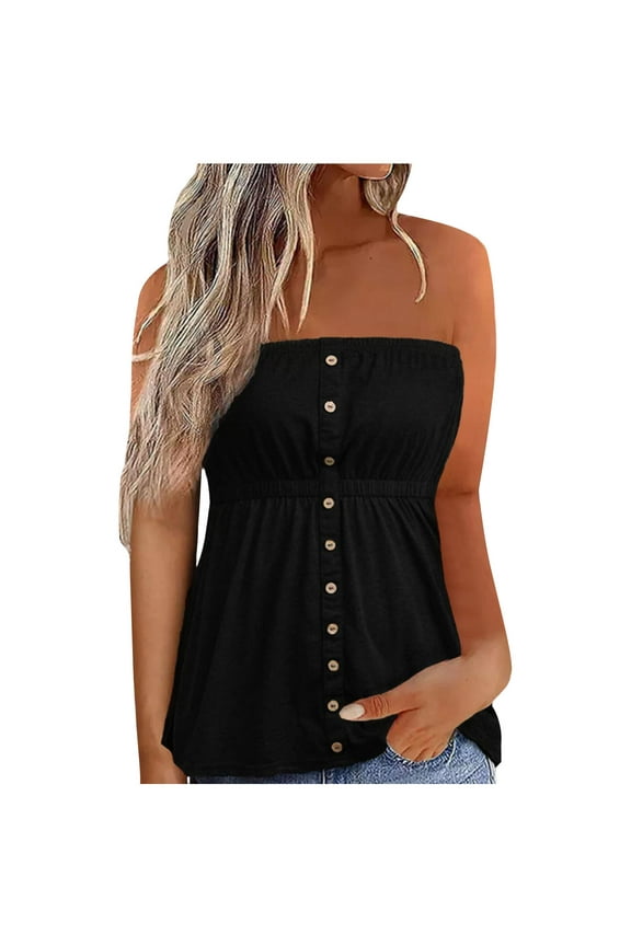 Summer Xqxayjr Smocked Strapless Bandeau Tank Womens Summer Backless Tube Top Sleeveless Loose Holiday Shirts Blouse Going Out Peplum Flowy Tops