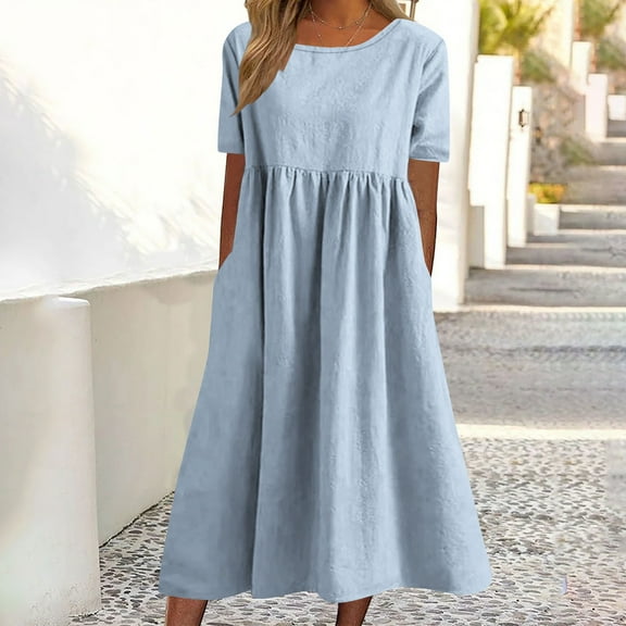 Summer Xqxayjr Summer Cotton Linen Long Dresses for Women Under $10 Casual Short Sleeve Scoop Neck Maxi Petite Dresses Flowy Swing Pockets Trendy Outfits Western Dress