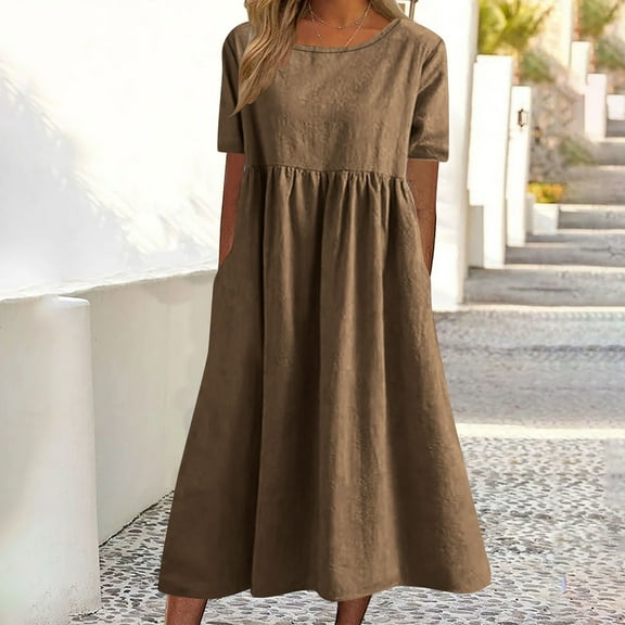 Summer Xqxayjr Summer Flowy Swing Pockets Cotton Linen Long Sun Dresses for Womens Petite Dresses Under $10 Casual Short Sleeve Scoop Neck Maxi Elegant Black Formal Dresses