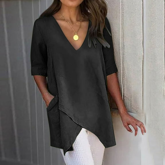 Summer Xqxayjr Summer Tops Blouses for Women Under $10 Casual Short Sleeve Cotton Linen Tshirts Shirts Asymmetric Hem V Neck Cute Spring Shirts Graduation Gifts
