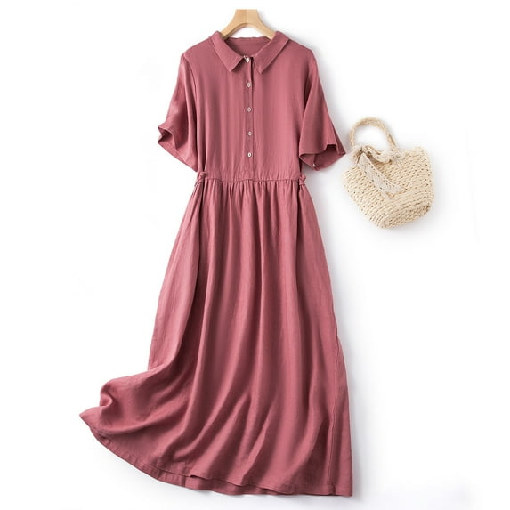 Summer Xqxayjr Women Casual Vintage Cotton Linen Pleated Flowy Midi Dresses Under $10 Summer Short Sleeve Party Dresses Round Neck Holiday Work Dresses Mother Day Gifts
