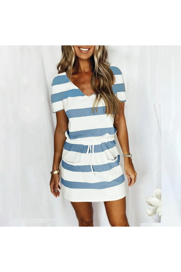 Summer Xqxayjr Women Summer Drawstring Knee Length Short Mini T Shirt Dresses Party Dresses Under $5 Plus Size Short Sleeve Striped V Neck Elegant Sundress Valentines Day Gifts