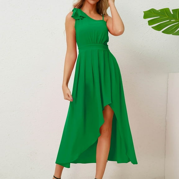 Summer Xqxayjr Women Summer Flowy Swing Long Maxi Dresses Casual Loose Sleeveless One Shoulder High Waist Beach Party Dress High Low Asymmetrical Hem Cute White Dresses Clothes