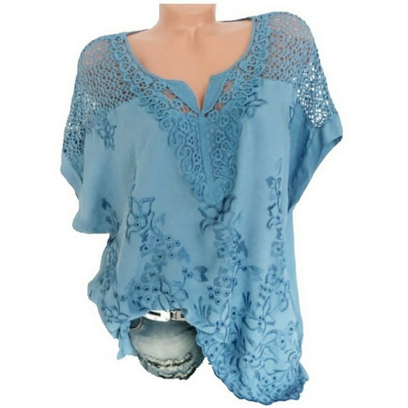 Summer Xqxayjr Women's Short Sleeve Plus Size Shirts Summer Tops Under $5 Casual Embroidered Eyelet Tshirt V Neck Hollow Out Trendy Spring Tshirts Mothers Day Gifts for Grandma