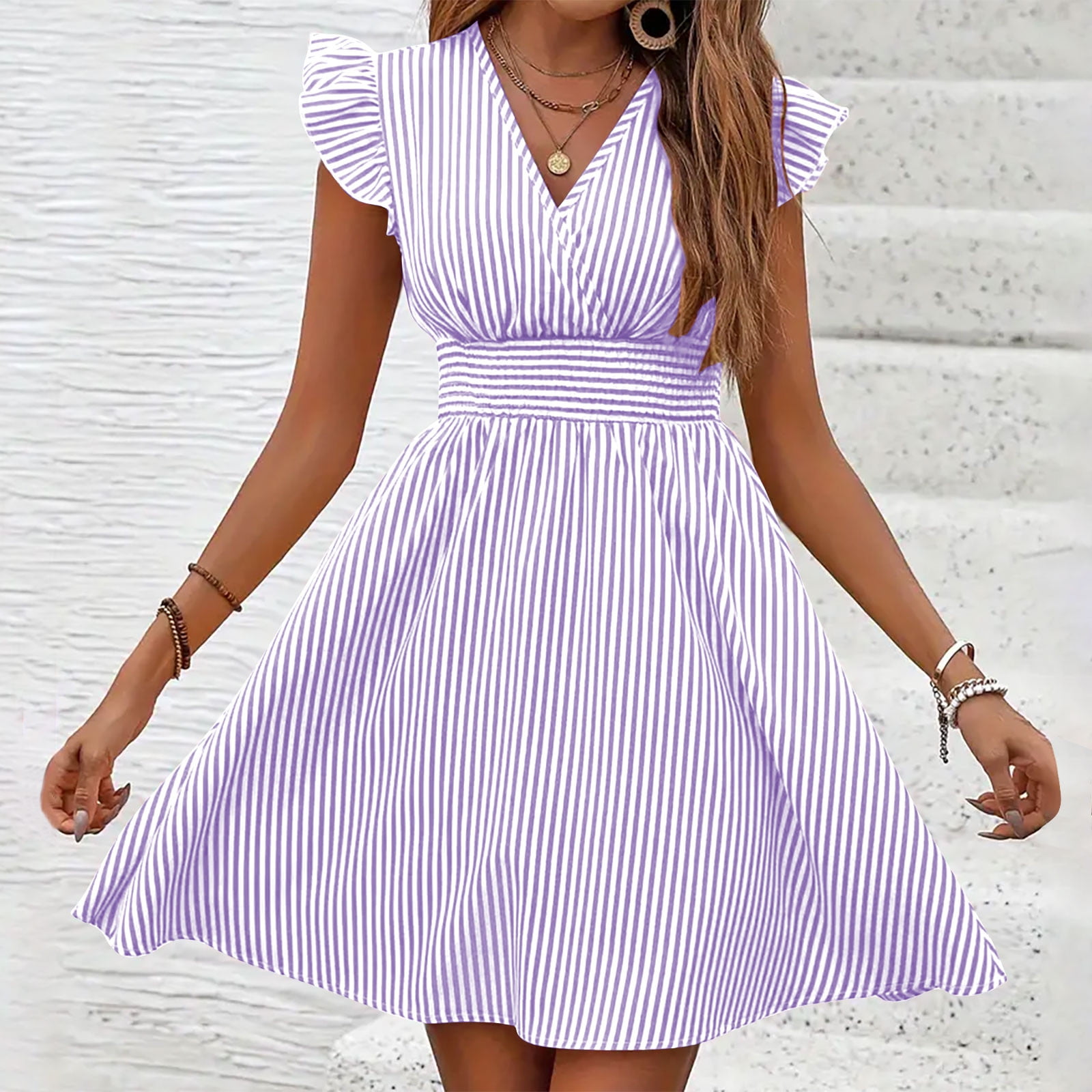 Summer Savings Deals Xqxayjr Womens Summer Spring Short Mini Sundresses Casual Ruffle Sleeveless Striped V Neck Curvy Dresses Aline Swing Flowy Trendy Outfits Vestidos de Verano para Mujer