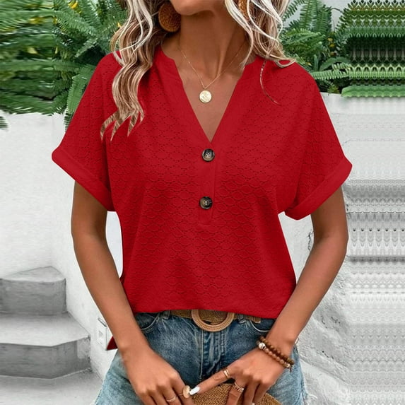 Summer Xqxayjr Womens Summer Shirt Under $10 Dressy Casual Short Sleeve Tops Eyelet Embroidery V Neck Button Down Business Work Clothes Birthday Gifts