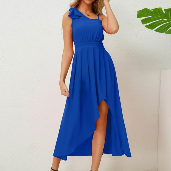 Summer Xqxayjr Womens Summer Spring Casual Flowy Swing Long Maxi Sundresses Sleeveless One Shoulder High Low Asymmetrical Hem Petite Dresses High Waist Sexy Black Cocktail Dresses