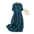 thumbnail image 1 of Summer Xqxayjr Womens Summer Vintage Cotton Linen Pleated Flowy Midi Sundresses Homecoming Dresses Casual Loose Short Sleeve Round Neck Trendy Spring Bridal Shower Dresses, 1 of 9