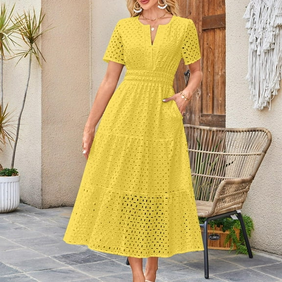 Summer Yrmaups Ladies Casual Short Sleeve Wedding Guest Dresses Summer Spring V-Neck Eyelet Swing Keyhole Ruffle Elastic Waist Aline Midi Dresses Cute White Formal Dresses