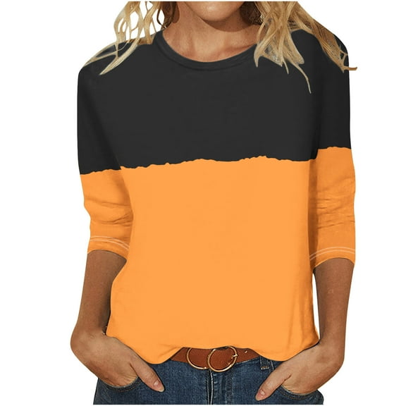 DianGeFu Womens Long Sleeve Blouses Twist Top Fashion Casual,Women's Fashion Printed T-shirt 3/4 Sleeves Blouse Round Neck Casual Tops,Yellow,S