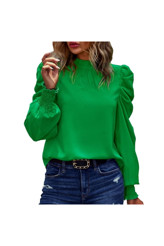 Womens Long Sleeve Shirts 50% Off Clear,Women's Solid Color Long Sleeve Half High Collar Bubble Sleeve top Casual Shirt Long Sleeve High Collar top/shirt,Green,M
