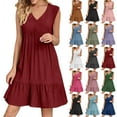 thumbnail image 1 of Summer Dresses for Women Summer V-neck Loose Solid Color Pleated Casual High Waisted Lace Sleeveless Dress Beach Fashion Sundress Vacation Holiday Party S-XXL, 1 of 7