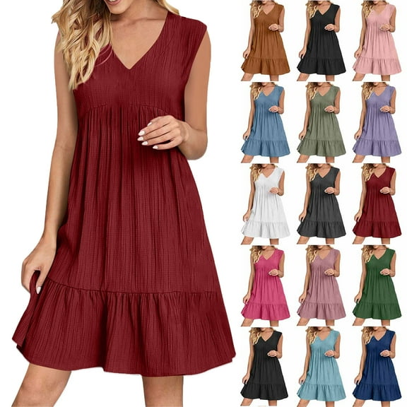 Summer Dresses for Women Summer V-neck Loose Solid Color Pleated Casual High Waisted Lace Sleeveless Dress Beach Fashion Sundress Vacation Holiday Party S-XXL