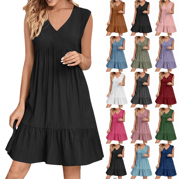 Summer Dresses for Women Summer V-neck Loose Solid Color Pleated Casual High Waisted Lace Sleeveless Dress Beach Fashion Sundress Vacation Holiday Party S-XXL