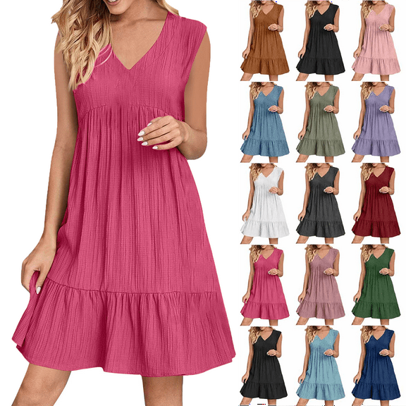 Summer Dresses for Women Summer V-neck Loose Solid Color Pleated Casual High Waisted Lace Sleeveless Dress Beach Fashion Sundress Vacation Holiday Party S-XXL