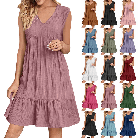 Summer Dresses for Women Summer V-neck Loose Solid Color Pleated Casual High Waisted Lace Sleeveless Dress Beach Fashion Sundress Vacation Holiday Party S-XXL