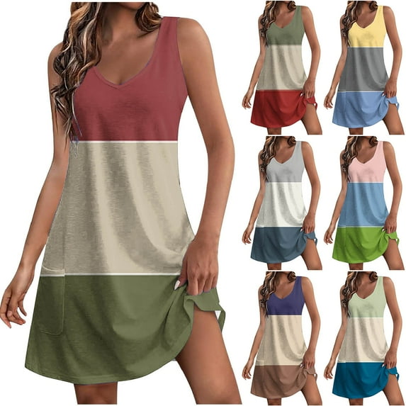 Dresses for Women 2024 Plus Size Comfort Pocket Printing Sleeveless V-Neck Dress