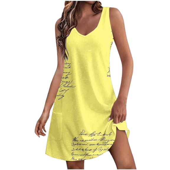 Dresses for Women 2026 Plus Size Comfort Pocket Printing Sleeveless V-Neck Dress