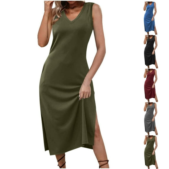 Dresses for Women 2024 Plus Size Comfort Sexy Solid Color Pocket Sleeveless V-Neck Dress
