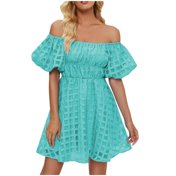 Dresses for Women 2026 Plus Size Fashion Off The Shoulder Bubble Short Sleeve Pleated High Waist Dress