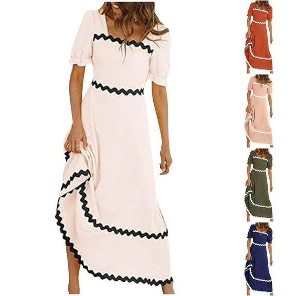 Dresses for Women 2026 Plus Size Fashion Square Neck Short Puff Sleeve Smocked Tie Back Beach Vacation Flowy Long Maxi Dress