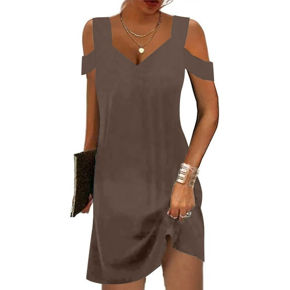 Dresses for Women 2026 Plus Size Fashion V-neck Loose Solid Short Sleeve Strapless Mini Dress