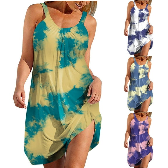 Dresses for Women 2026 Plus Size Printed Round Neck Pleated Vacation Style Dress