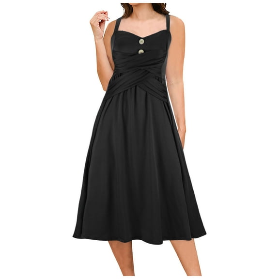 Dresses for Women 2024 Plus Size Sleeveless V-neck Casual A Dress Solid Color Button Dress