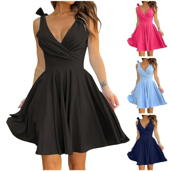 Dresses for Women 2026 Plus Size Solid Color Sleeveless V-Neck High Straps Waist Dress