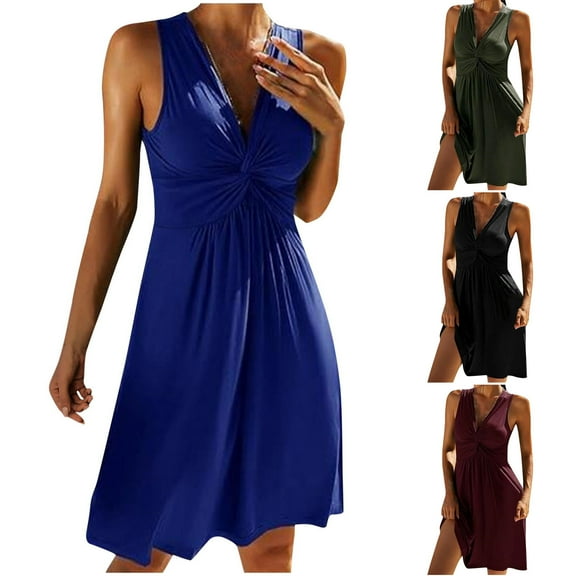 Dresses for Women 2024 Plus Size Solid Color Waistband V-Neck Sleeveless Shaping Beach Dress