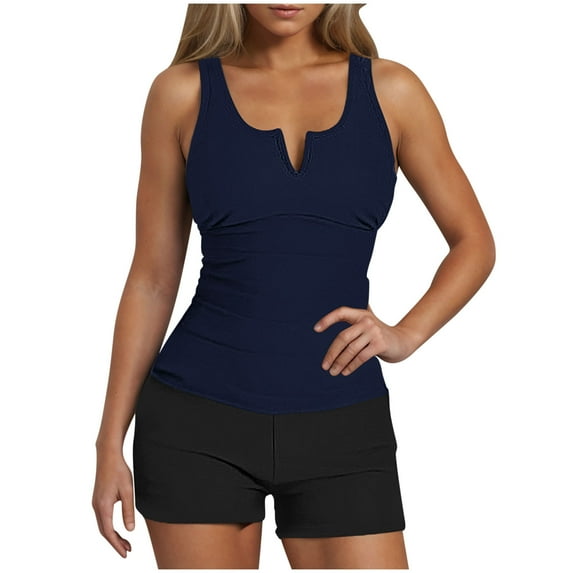 Dvprdro Fashion V Neck Tankini Swimsuit for Women Summer Tummy Control Backless Bathing Suits 2 Piece Color Block Swimsuit Set